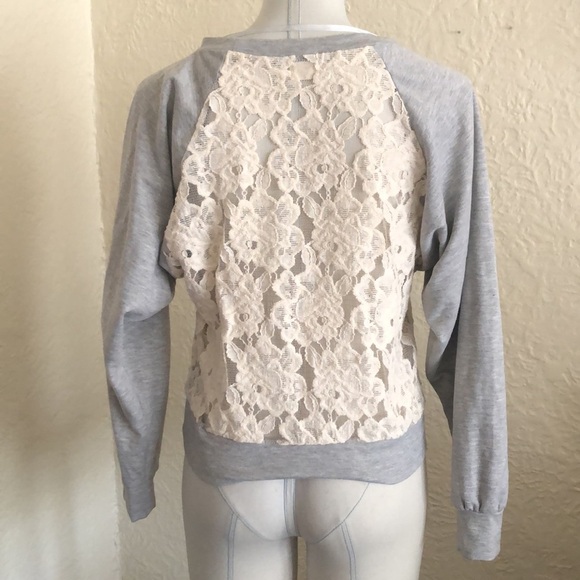 Urban Outfitters Cream Floral Lace Light Gray Fleece Sweatshirt - Picture 5 of 8